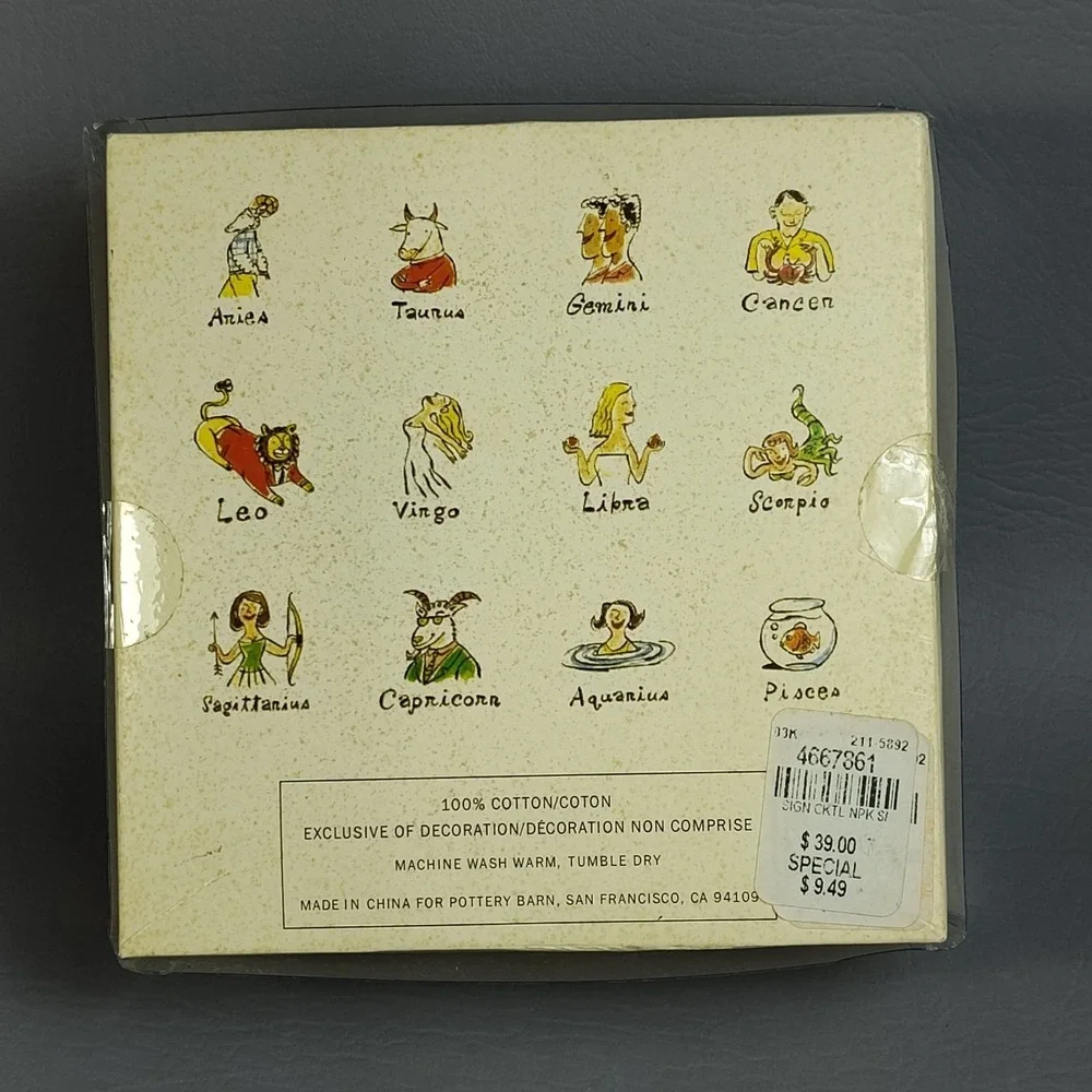 Pottery Barn Zodiac What's Your Sign? Cocktail Napkins 100% Cotton‎ Set/12